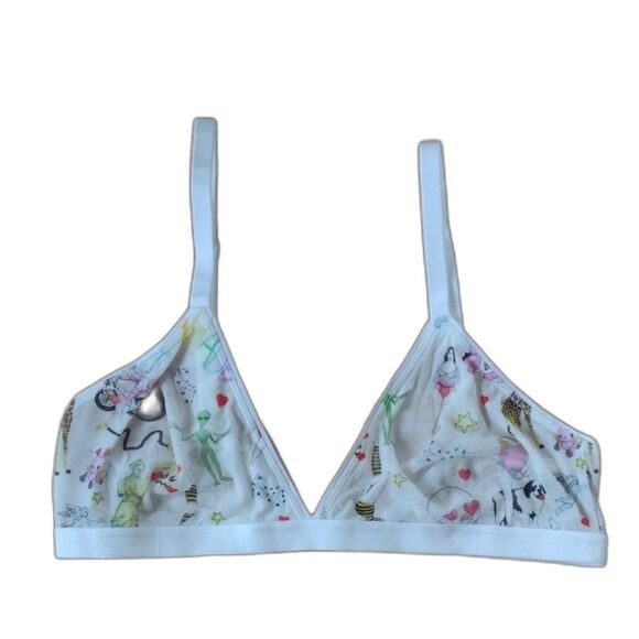 Parade White Summer Doodle Print Silky Mesh Triangle Bralette Size Large - Picture 1 of 12